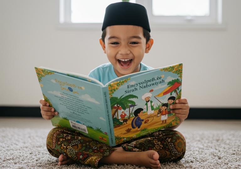 anak kecil sedang membaca buku EncyclopeBee seri Sirah Nabawiyah